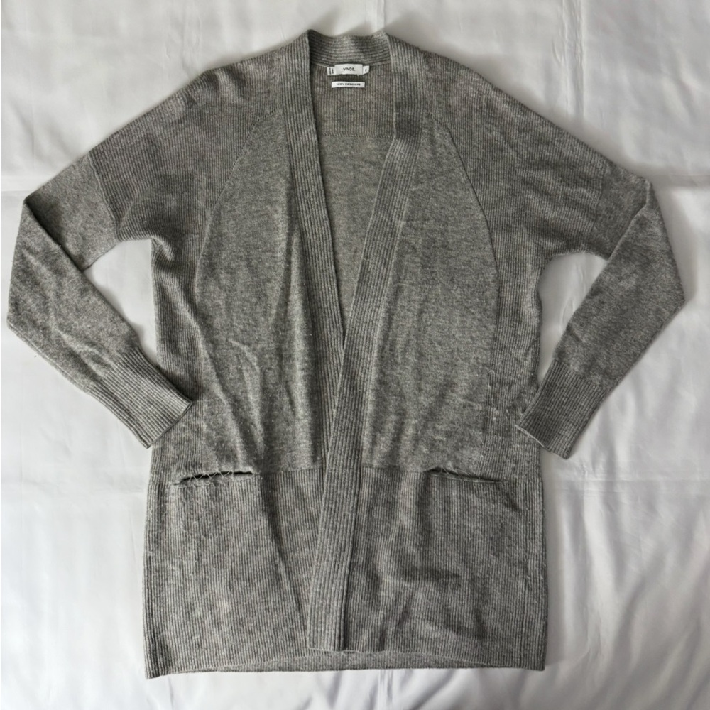 Vince Gray Open Front Long Sleeve Cashmere Cardigan Sweater